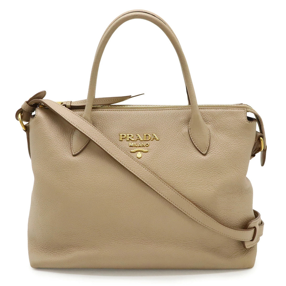 Prada Vitello Daino Handbag Tote Bag Shoulder Leather Beige Cream